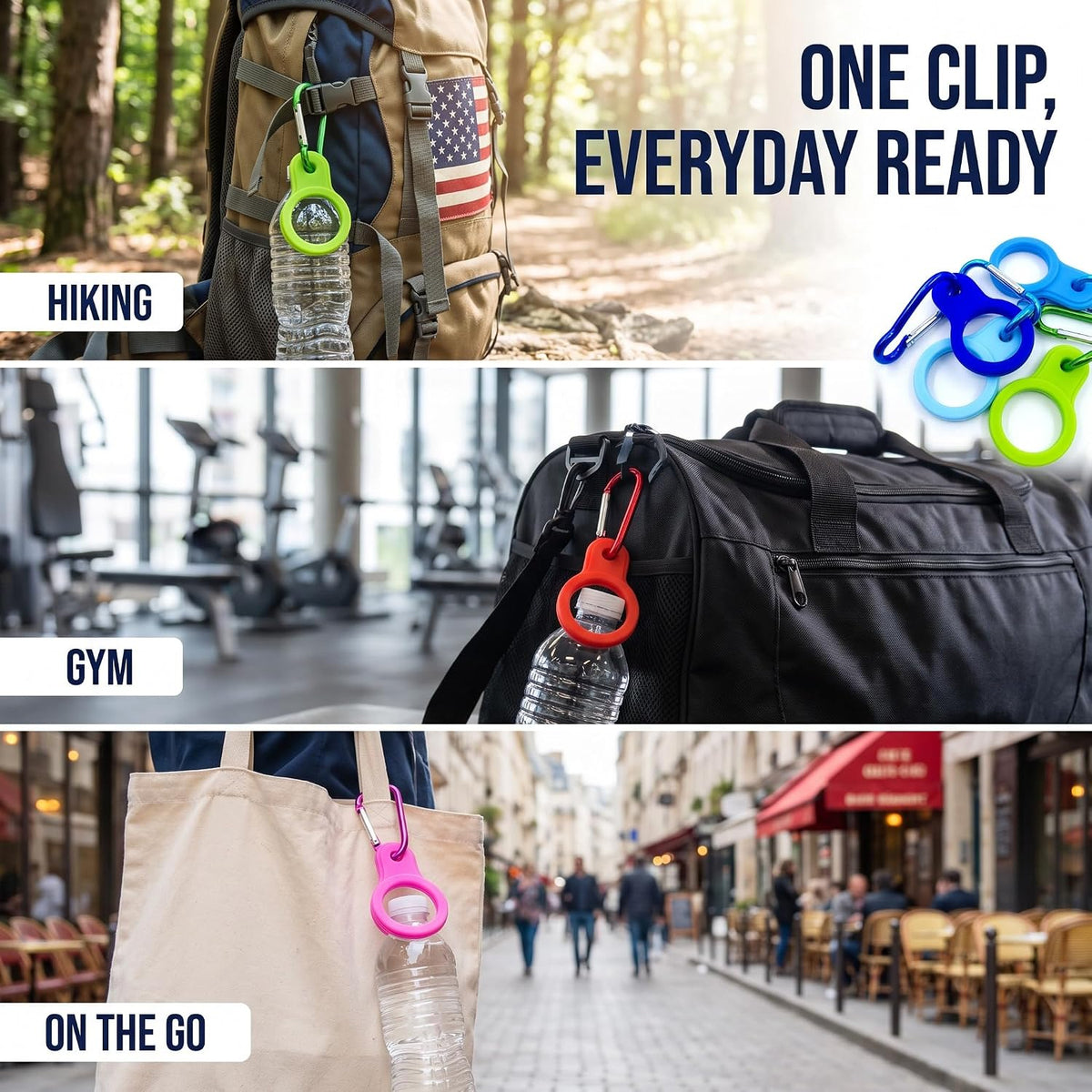 6 Pcs Silicone Water Bottle Buckle with Carabiner Clip Portable Secure Bottle Holder Hanging Rings Silicone Buckle Portable Hiking Camping Water Bottle Accessories