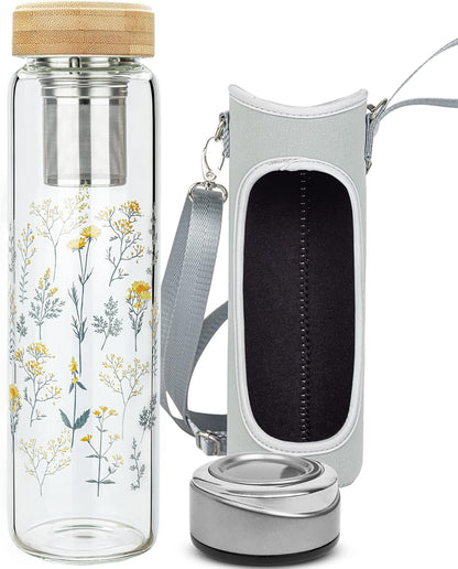 32oz Borosilicate Glass Water Bottle with Tea Infuser, Tea Tumbler with Strainer, Reusable Travel Mug with Sleeve & 2 Lids, Glass Drinking Bottle for Hot or Cold Drinks