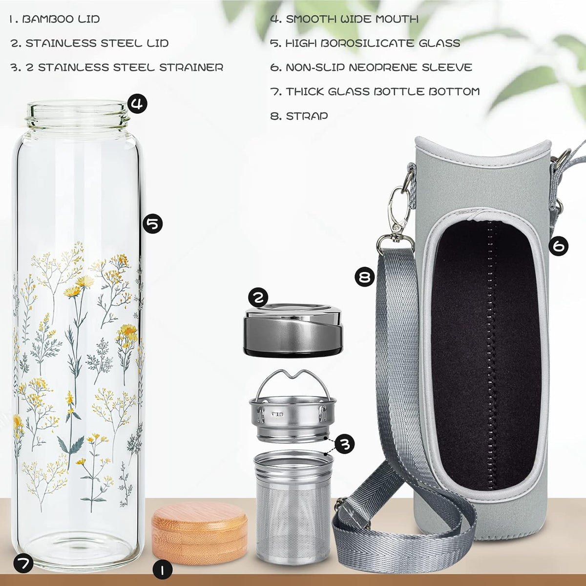 32oz Borosilicate Glass Water Bottle with Tea Infuser, Tea Tumbler with Strainer, Reusable Travel Mug with Sleeve & 2 Lids, Glass Drinking Bottle for Hot or Cold Drinks