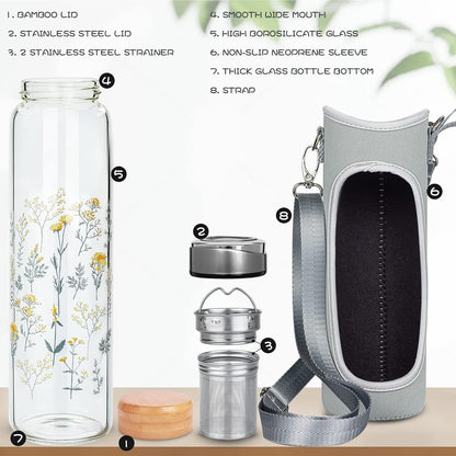 32oz Borosilicate Glass Water Bottle with Tea Infuser, Tea Tumbler with Strainer, Reusable Travel Mug with Sleeve & 2 Lids, Glass Drinking Bottle for Hot or Cold Drinks
