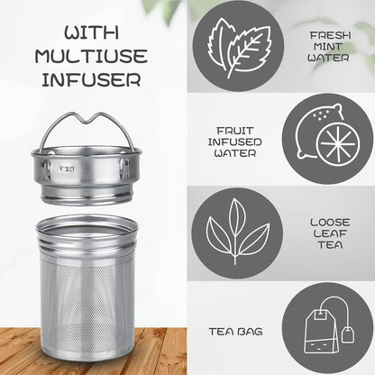 32oz Borosilicate Glass Water Bottle with Tea Infuser, Tea Tumbler with Strainer, Reusable Travel Mug with Sleeve & 2 Lids, Glass Drinking Bottle for Hot or Cold Drinks