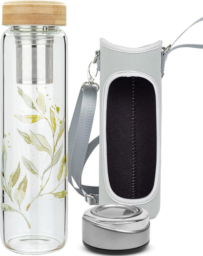 32oz Borosilicate Glass Water Bottle with Tea Infuser, Tea Tumbler with Strainer, Reusable Travel Mug with Sleeve & 2 Lids, Glass Drinking Bottle for Hot or Cold Drinks