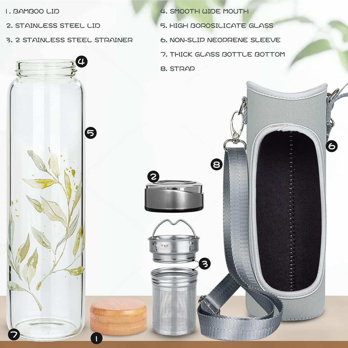 32oz Borosilicate Glass Water Bottle with Tea Infuser, Tea Tumbler with Strainer, Reusable Travel Mug with Sleeve & 2 Lids, Glass Drinking Bottle for Hot or Cold Drinks