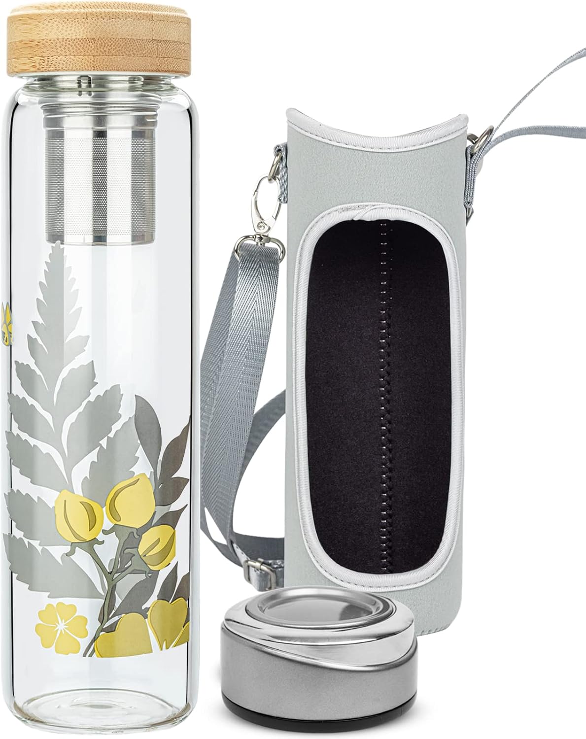 32oz Borosilicate Glass Water Bottle with Tea Infuser, Tea Tumbler with Strainer, Reusable Travel Mug with Sleeve & 2 Lids, Glass Drinking Bottle for Hot or Cold Drinks