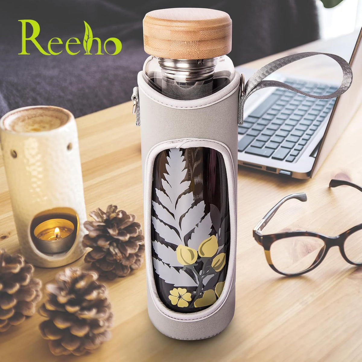 32oz Borosilicate Glass Water Bottle with Tea Infuser, Tea Tumbler with Strainer, Reusable Travel Mug with Sleeve & 2 Lids, Glass Drinking Bottle for Hot or Cold Drinks