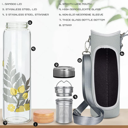 32oz Borosilicate Glass Water Bottle with Tea Infuser, Tea Tumbler with Strainer, Reusable Travel Mug with Sleeve & 2 Lids, Glass Drinking Bottle for Hot or Cold Drinks