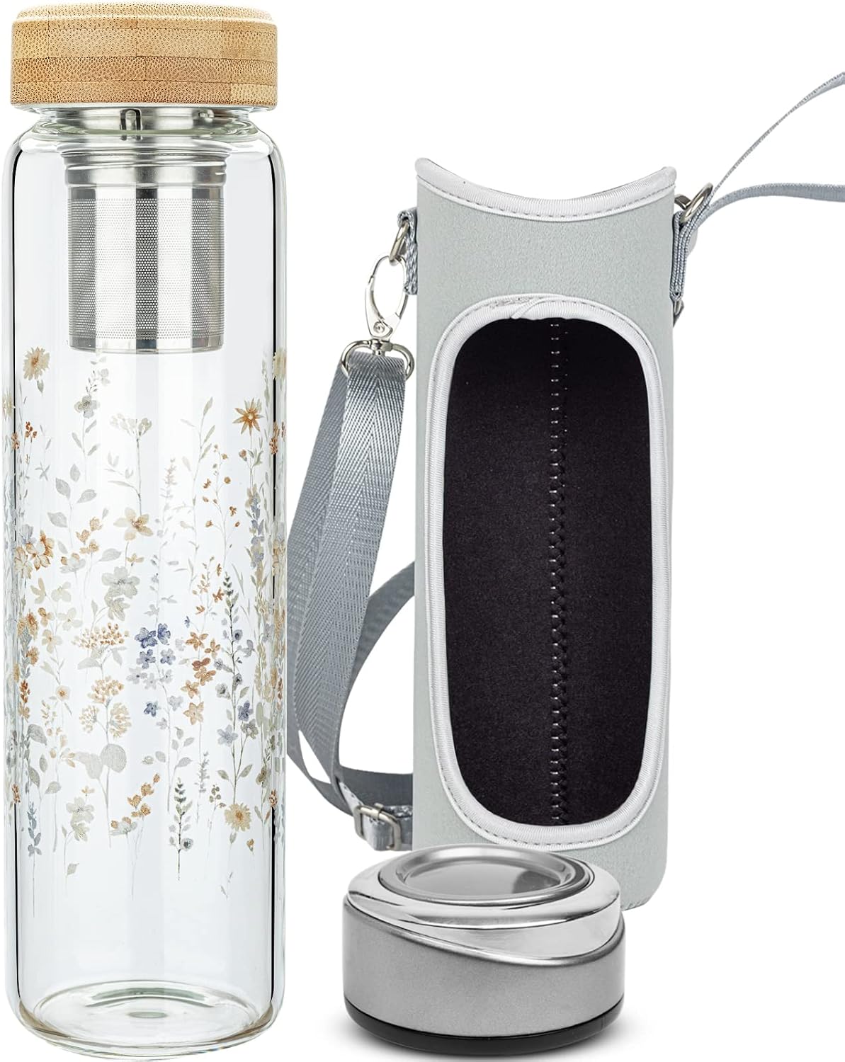 32oz Borosilicate Glass Water Bottle with Tea Infuser, Tea Tumbler with Strainer, Reusable Travel Mug with Sleeve & 2 Lids, Glass Drinking Bottle for Hot or Cold Drinks