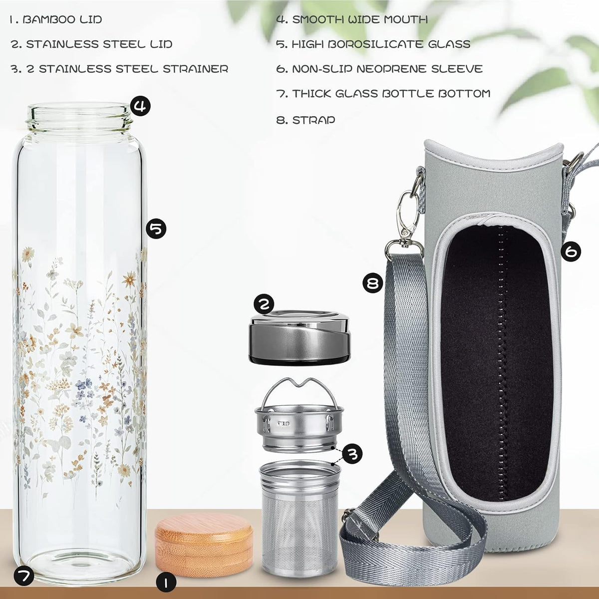 32oz Borosilicate Glass Water Bottle with Tea Infuser, Tea Tumbler with Strainer, Reusable Travel Mug with Sleeve & 2 Lids, Glass Drinking Bottle for Hot or Cold Drinks