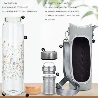 32oz Borosilicate Glass Water Bottle with Tea Infuser, Tea Tumbler with Strainer, Reusable Travel Mug with Sleeve & 2 Lids, Glass Drinking Bottle for Hot or Cold Drinks