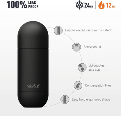 Capsule Bottle Stainless Steel Double Wall Insulated Travel Water Bottle – Lid Doubles as a Cup 14 Ounce (Silver)