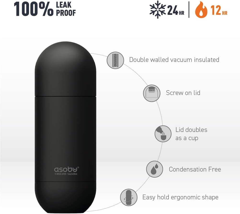 Capsule Bottle Stainless Steel Double Wall Insulated Travel Water Bottle – Lid Doubles as a Cup 14 Ounce (Silver)