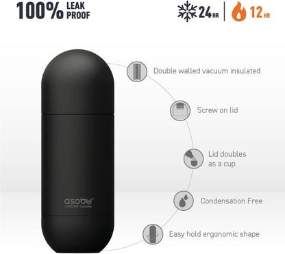 Capsule Bottle Stainless Steel Double Wall Insulated Travel Water Bottle – Lid Doubles as a Cup 14 Ounce (Silver)