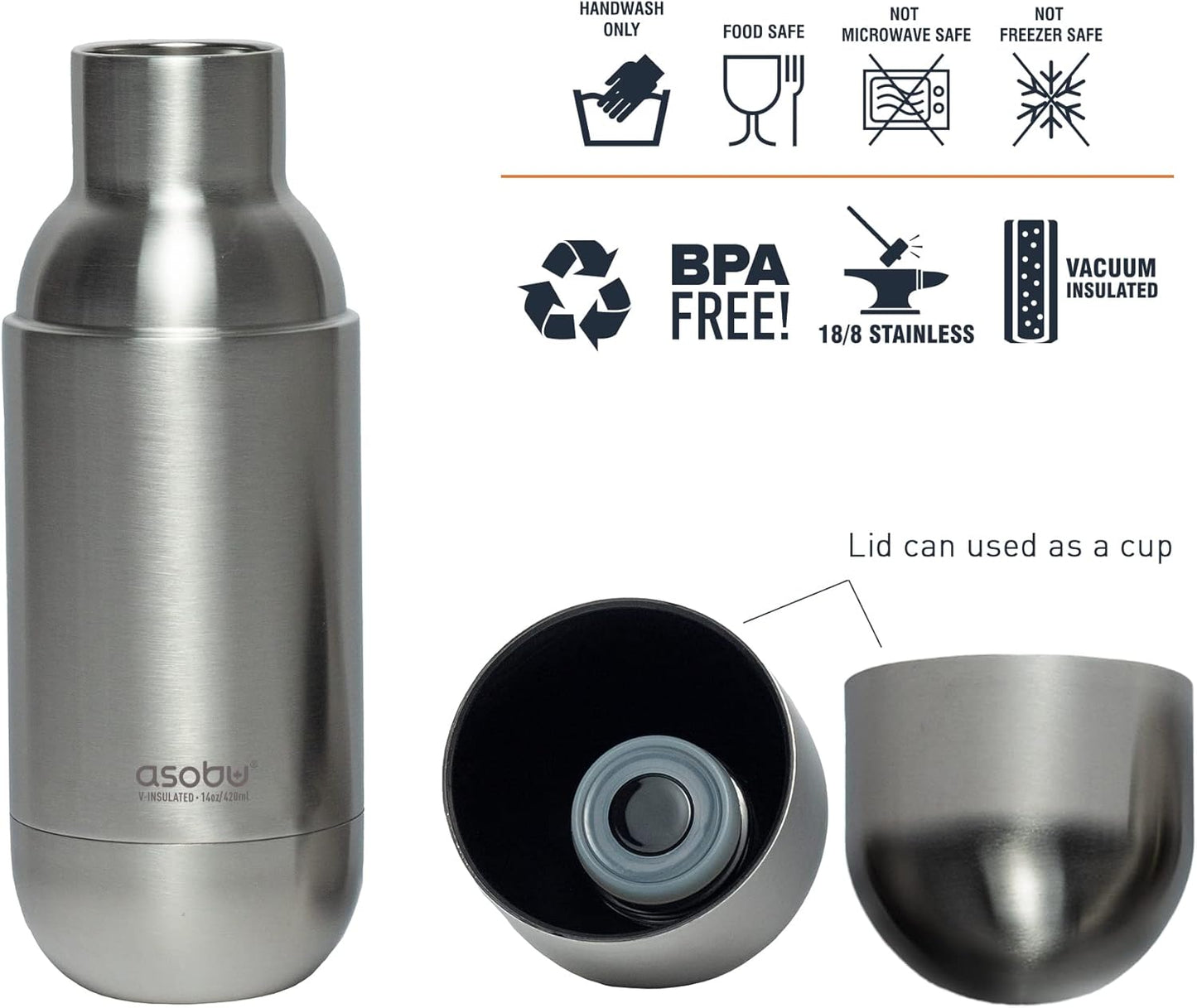 Capsule Bottle Stainless Steel Double Wall Insulated Travel Water Bottle – Lid Doubles as a Cup 14 Ounce (Silver)