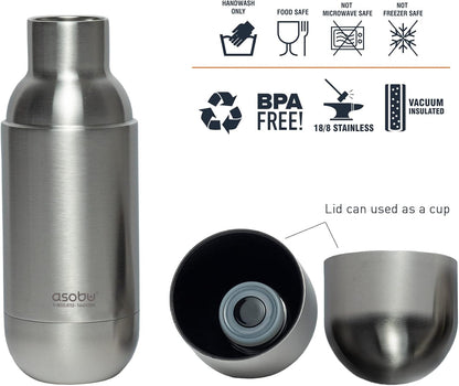 Capsule Bottle Stainless Steel Double Wall Insulated Travel Water Bottle – Lid Doubles as a Cup 14 Ounce (Silver)