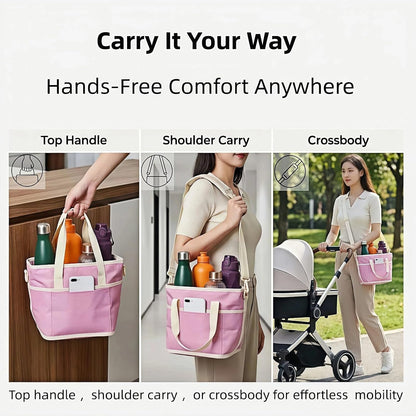 4-Compartment Black Insulated Drink Carrier Bag with Strap | Holds 4 bottles or 40oz tumblers. Adjustable shoulder strap, no-spill design. Family-size caddy for travel, hiking, car.