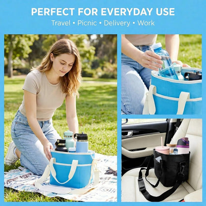 4-Compartment Black Insulated Drink Carrier Bag with Strap | Holds 4 bottles or 40oz tumblers. Adjustable shoulder strap, no-spill design. Family-size caddy for travel, hiking, car.