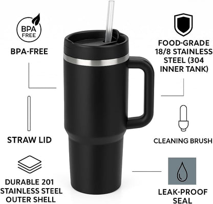 40 oz Tumbler with Handle and Straw | Insulated Stainless Steel Travel Mug with Leak Proof Lid | Cup Holder Friendly | BPA Free | Keeps Cold 12 Hours Hot 8 Hours
