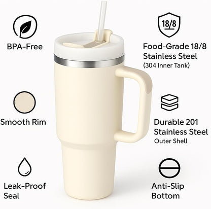 40 oz Tumbler with Handle and Straw | Insulated Stainless Steel Travel Mug with Leak Proof Lid | Cup Holder Friendly | BPA Free | Keeps Cold 12 Hours Hot 8 Hours