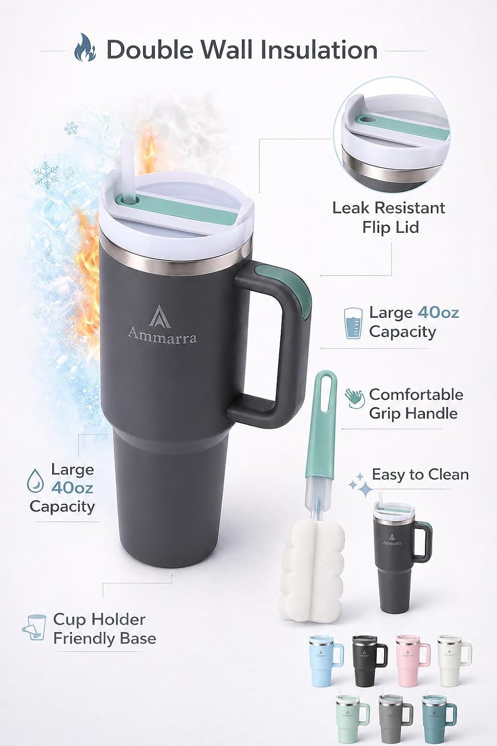 40 oz Tumbler with Handle and Straw | Insulated Stainless Steel Travel Mug with Leak Proof Lid | Cup Holder Friendly | BPA Free | Keeps Cold 12 Hours Hot 8 Hours