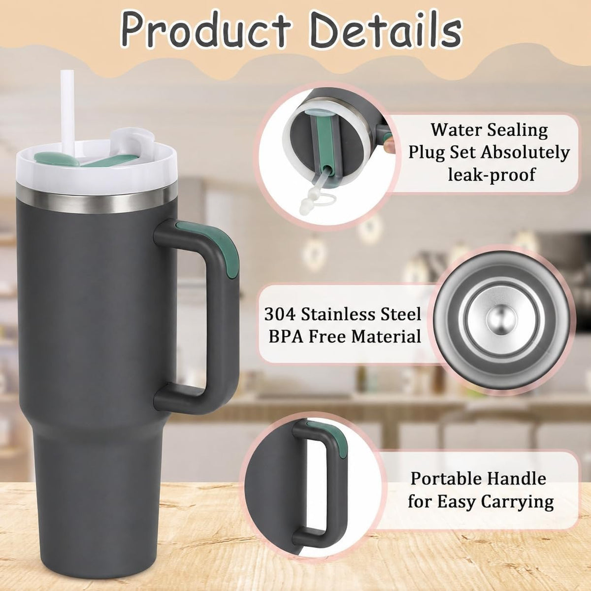 40 oz Tumbler with Handle and Straw | Insulated Stainless Steel Travel Mug with Leak Proof Lid | Cup Holder Friendly | BPA Free | Keeps Cold 12 Hours Hot 8 Hours