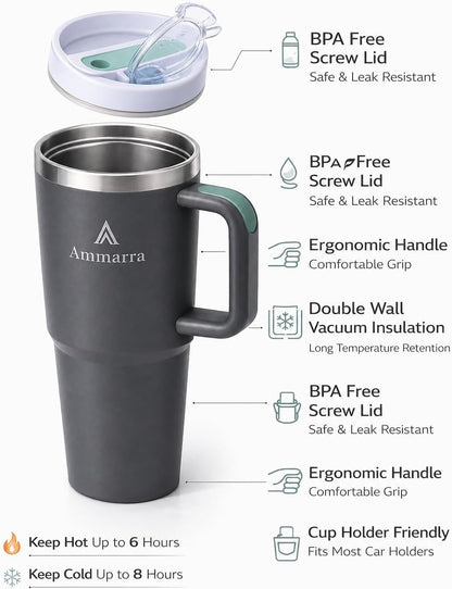 40 oz Tumbler with Handle and Straw | Insulated Stainless Steel Travel Mug with Leak Proof Lid | Cup Holder Friendly | BPA Free | Keeps Cold 12 Hours Hot 8 Hours