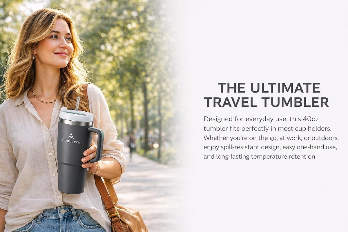 40 oz Tumbler with Handle and Straw | Insulated Stainless Steel Travel Mug with Leak Proof Lid | Cup Holder Friendly | BPA Free | Keeps Cold 12 Hours Hot 8 Hours