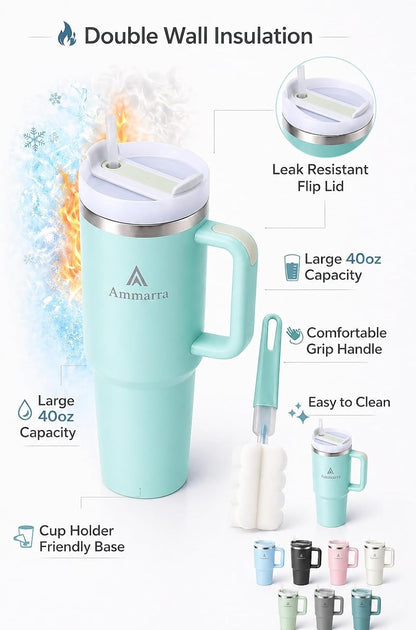 40 oz Tumbler with Handle and Straw | Insulated Stainless Steel Travel Mug with Leak Proof Lid | Cup Holder Friendly | BPA Free | Keeps Cold 12 Hours Hot 8 Hours