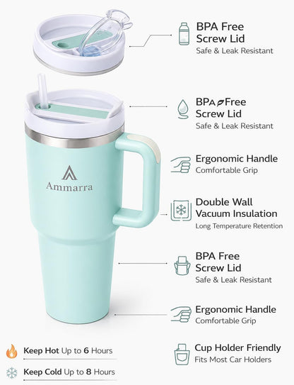 40 oz Tumbler with Handle and Straw | Insulated Stainless Steel Travel Mug with Leak Proof Lid | Cup Holder Friendly | BPA Free | Keeps Cold 12 Hours Hot 8 Hours