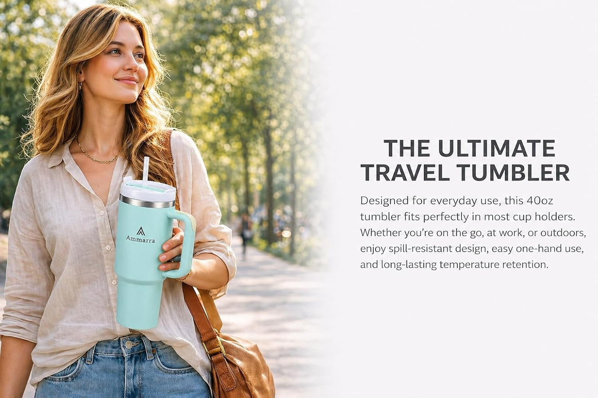 40 oz Tumbler with Handle and Straw | Insulated Stainless Steel Travel Mug with Leak Proof Lid | Cup Holder Friendly | BPA Free | Keeps Cold 12 Hours Hot 8 Hours