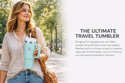 40 oz Tumbler with Handle and Straw | Insulated Stainless Steel Travel Mug with Leak Proof Lid | Cup Holder Friendly | BPA Free | Keeps Cold 12 Hours Hot 8 Hours