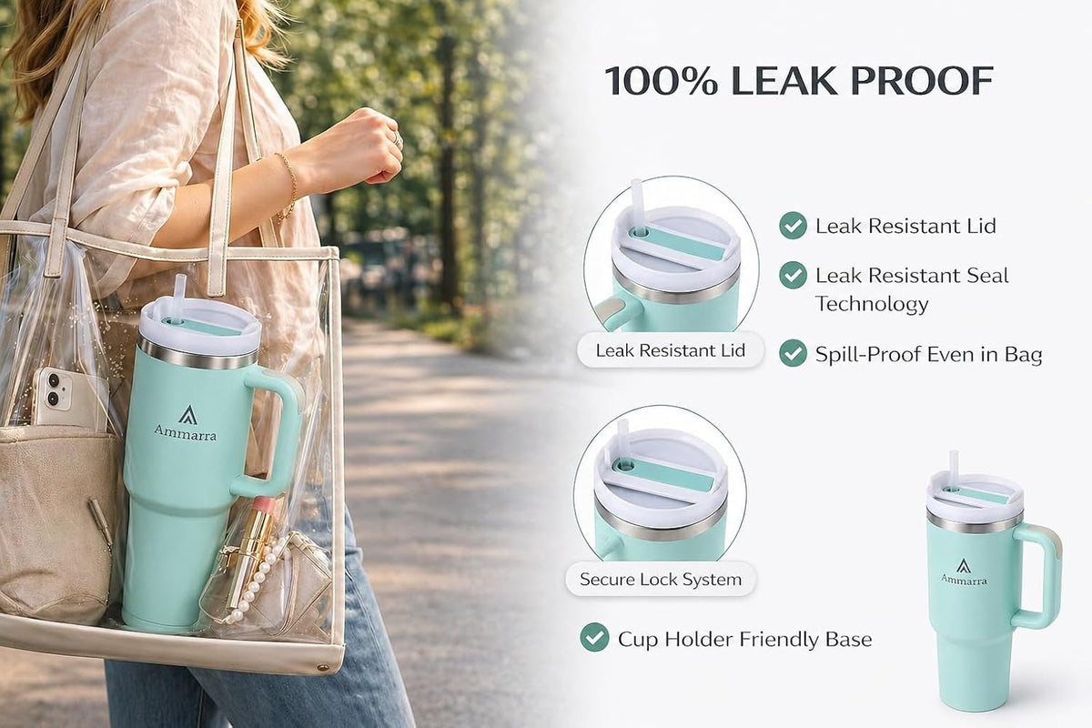 40 oz Tumbler with Handle and Straw | Insulated Stainless Steel Travel Mug with Leak Proof Lid | Cup Holder Friendly | BPA Free | Keeps Cold 12 Hours Hot 8 Hours