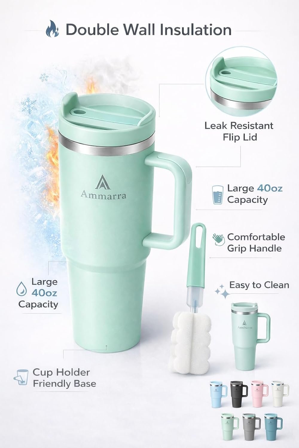 40 oz Tumbler with Handle and Straw | Insulated Stainless Steel Travel Mug with Leak Proof Lid | Cup Holder Friendly | BPA Free | Keeps Cold 12 Hours Hot 8 Hours