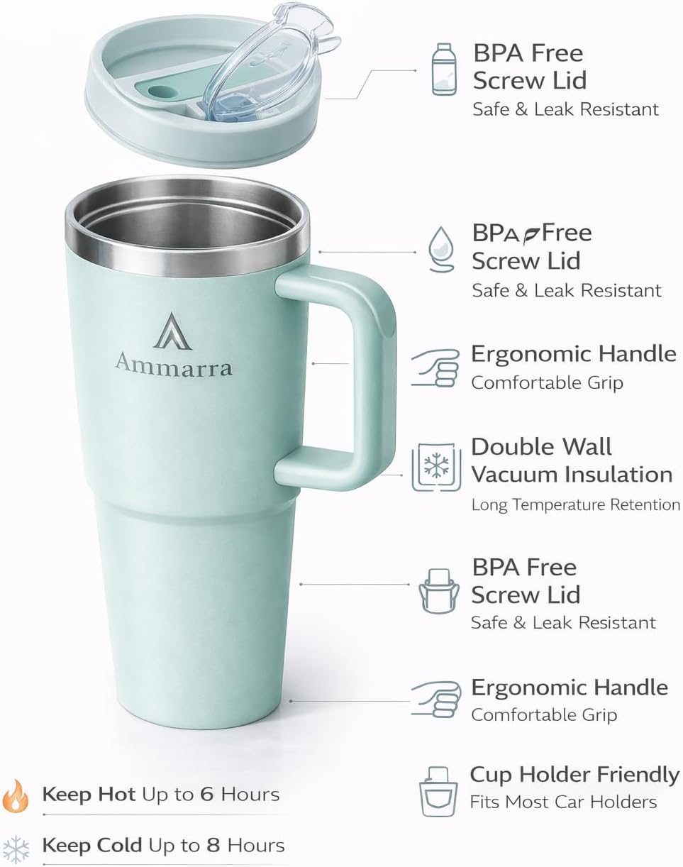 40 oz Tumbler with Handle and Straw | Insulated Stainless Steel Travel Mug with Leak Proof Lid | Cup Holder Friendly | BPA Free | Keeps Cold 12 Hours Hot 8 Hours
