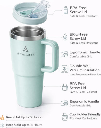 40 oz Tumbler with Handle and Straw | Insulated Stainless Steel Travel Mug with Leak Proof Lid | Cup Holder Friendly | BPA Free | Keeps Cold 12 Hours Hot 8 Hours