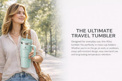 40 oz Tumbler with Handle and Straw | Insulated Stainless Steel Travel Mug with Leak Proof Lid | Cup Holder Friendly | BPA Free | Keeps Cold 12 Hours Hot 8 Hours