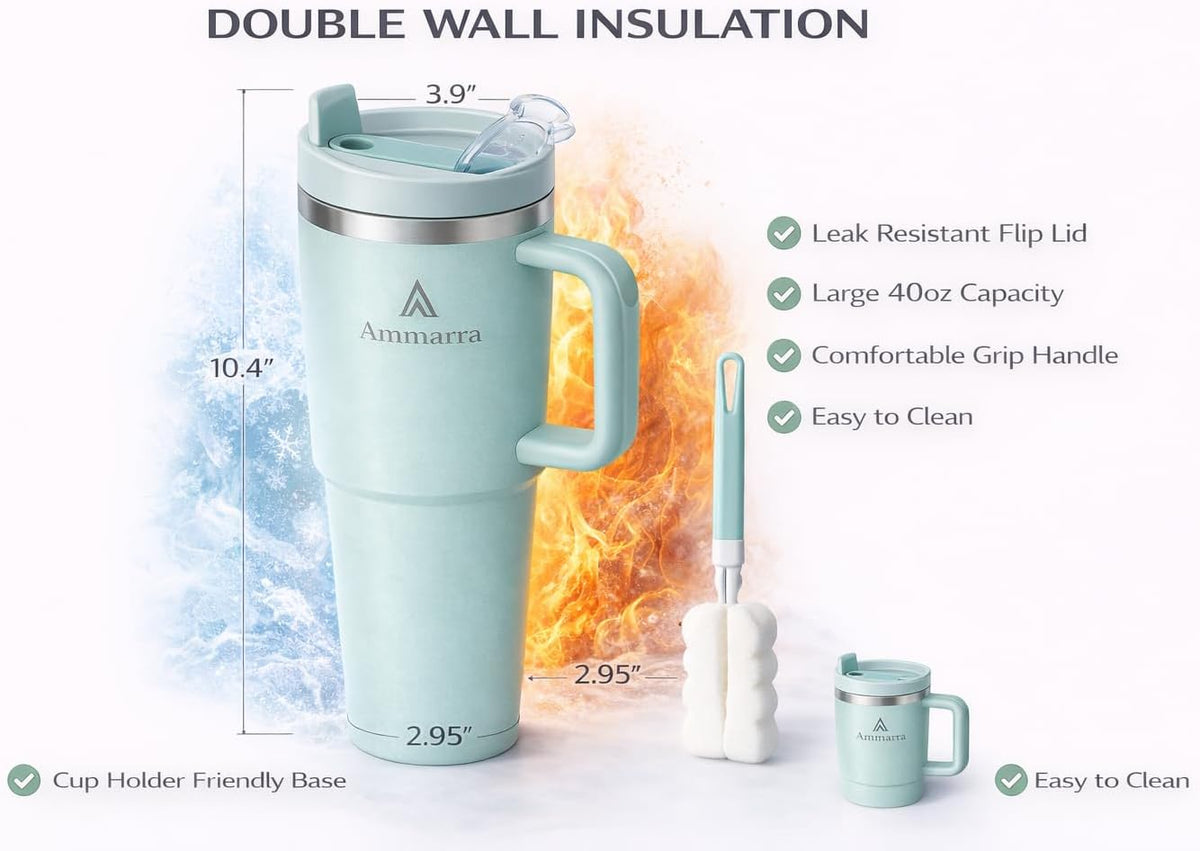 40 oz Tumbler with Handle and Straw | Insulated Stainless Steel Travel Mug with Leak Proof Lid | Cup Holder Friendly | BPA Free | Keeps Cold 12 Hours Hot 8 Hours