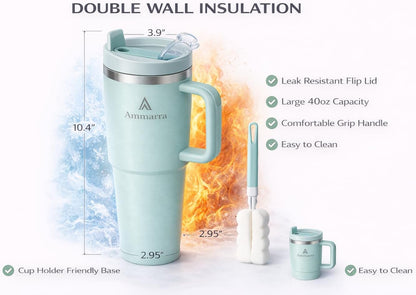 40 oz Tumbler with Handle and Straw | Insulated Stainless Steel Travel Mug with Leak Proof Lid | Cup Holder Friendly | BPA Free | Keeps Cold 12 Hours Hot 8 Hours