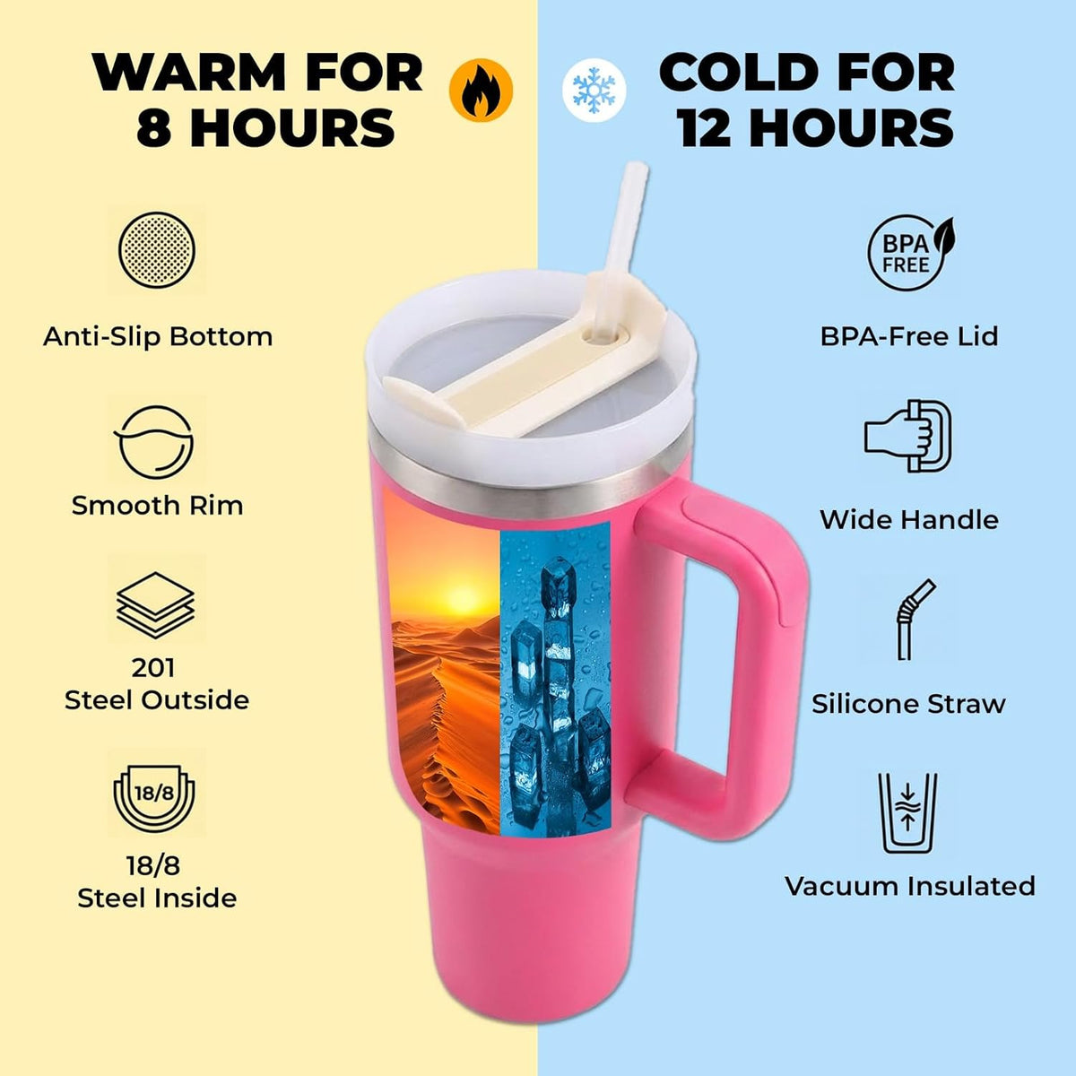 40 oz Tumbler with Handle and Straw | Insulated Stainless Steel Travel Mug with Leak Proof Lid | Cup Holder Friendly | BPA Free | Keeps Cold 12 Hours Hot 8 Hours