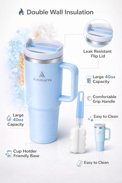 40 oz Tumbler with Handle and Straw | Insulated Stainless Steel Travel Mug with Leak Proof Lid | Cup Holder Friendly | BPA Free | Keeps Cold 12 Hours Hot 8 Hours