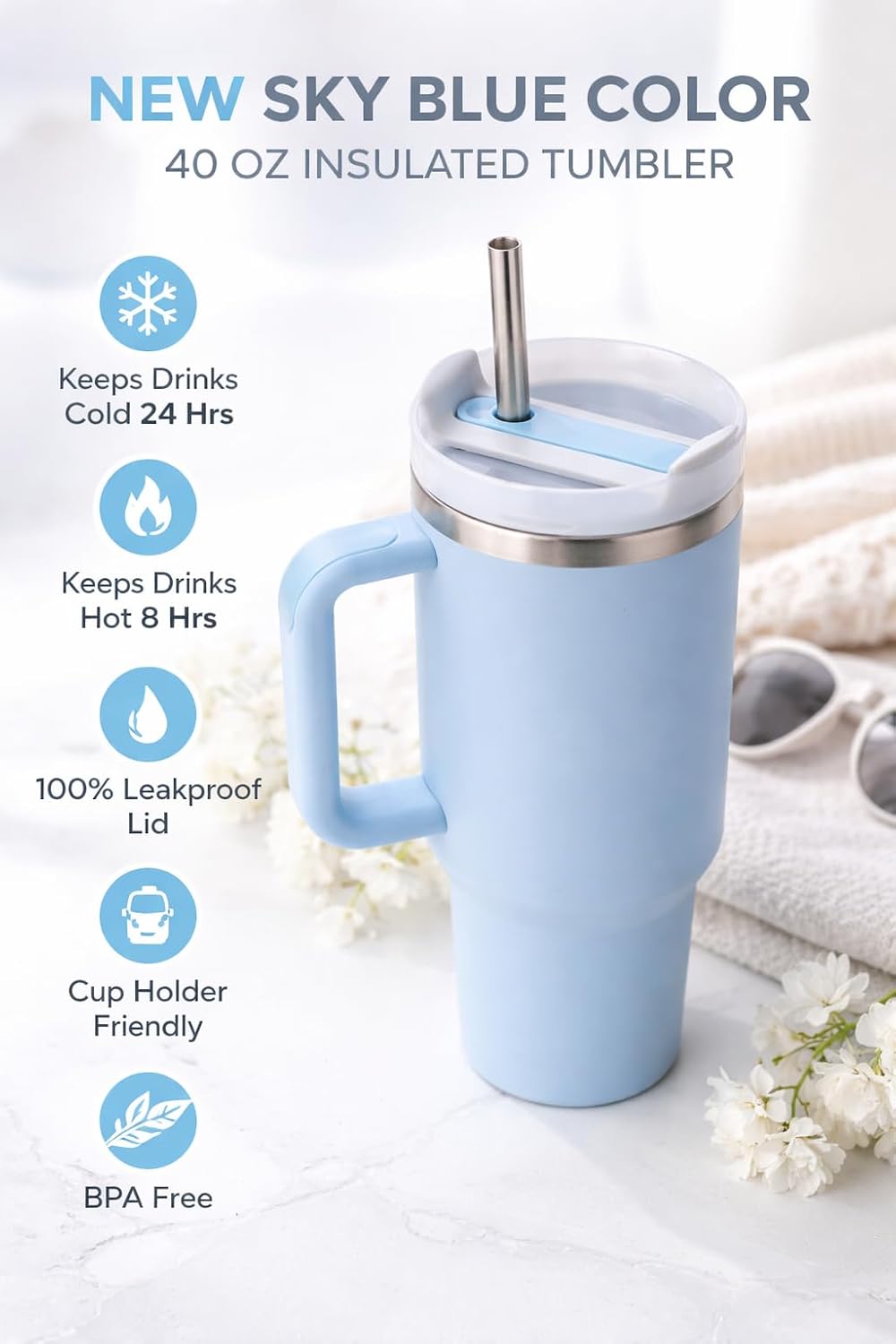 40 oz Tumbler with Handle and Straw | Insulated Stainless Steel Travel Mug with Leak Proof Lid | Cup Holder Friendly | BPA Free | Keeps Cold 12 Hours Hot 8 Hours