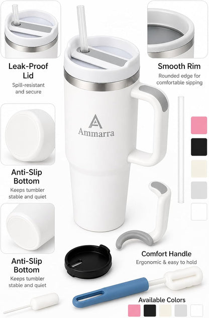 40 oz Tumbler with Handle and Straw | Insulated Stainless Steel Travel Mug with Leak Proof Lid | Cup Holder Friendly | BPA Free | Keeps Cold 12 Hours Hot 8 Hours