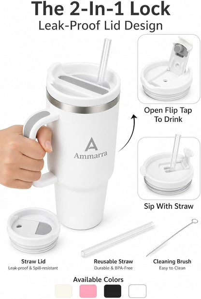 40 oz Tumbler with Handle and Straw | Insulated Stainless Steel Travel Mug with Leak Proof Lid | Cup Holder Friendly | BPA Free | Keeps Cold 12 Hours Hot 8 Hours
