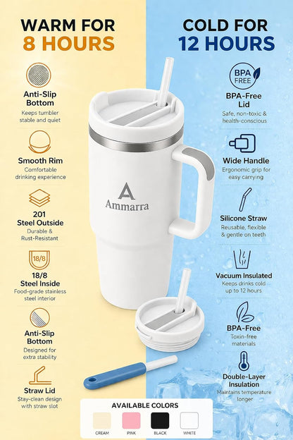 40 oz Tumbler with Handle and Straw | Insulated Stainless Steel Travel Mug with Leak Proof Lid | Cup Holder Friendly | BPA Free | Keeps Cold 12 Hours Hot 8 Hours