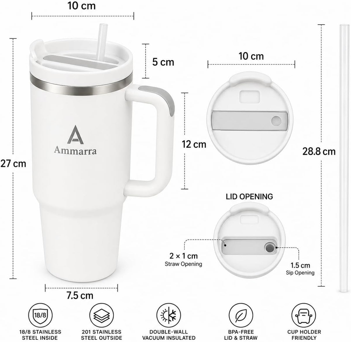 40 oz Tumbler with Handle and Straw | Insulated Stainless Steel Travel Mug with Leak Proof Lid | Cup Holder Friendly | BPA Free | Keeps Cold 12 Hours Hot 8 Hours