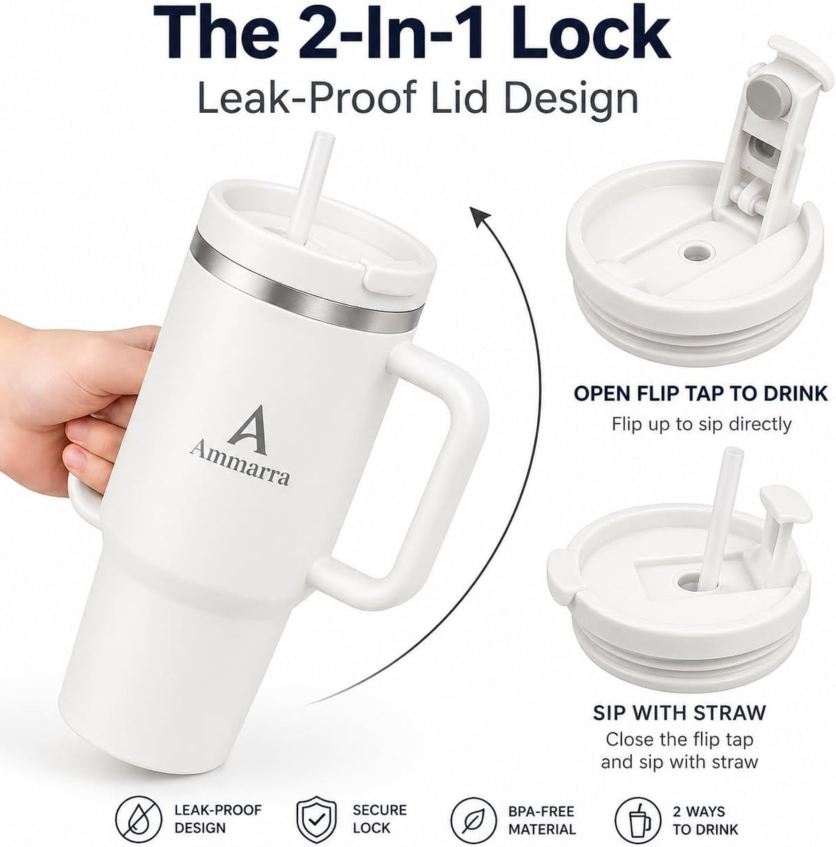 40 oz Tumbler with Handle and Straw | Insulated Stainless Steel Travel Mug with Leak Proof Lid | Cup Holder Friendly | BPA Free | Keeps Cold 12 Hours Hot 8 Hours