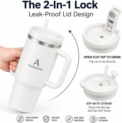 40 oz Tumbler with Handle and Straw | Insulated Stainless Steel Travel Mug with Leak Proof Lid | Cup Holder Friendly | BPA Free | Keeps Cold 12 Hours Hot 8 Hours
