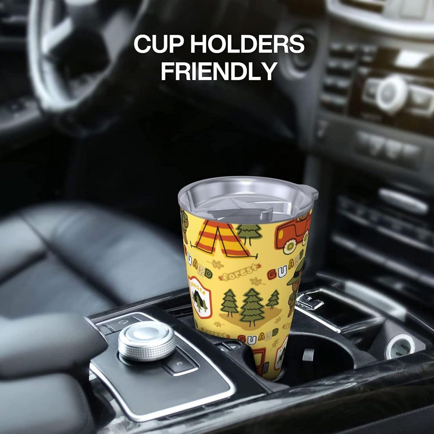 Forest Guard,Car TentTrees for 20oz Car Cup Holder, Insulated Coffee Mug with Lid and Handle, Leak-Proof Spill Proof Travel Tumbler for Vehicle, Fits Most Auto Cup Holders