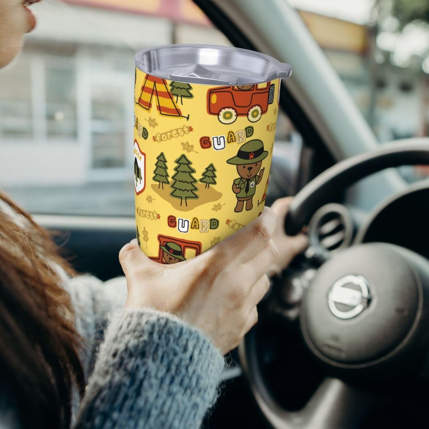 Forest Guard,Car TentTrees for 20oz Car Cup Holder, Insulated Coffee Mug with Lid and Handle, Leak-Proof Spill Proof Travel Tumbler for Vehicle, Fits Most Auto Cup Holders