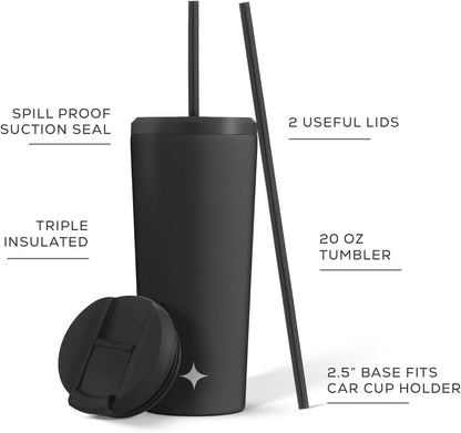 Triple Insulated 20oz Tumbler with Lid and Straw (2 Each) Vacuum Double Wall Stainless Steel Tumbler, Copper Lined for 12Hr Hold/Cold Drinks. Leakproof Water Bottle, Tea or Iced Coffee Cup