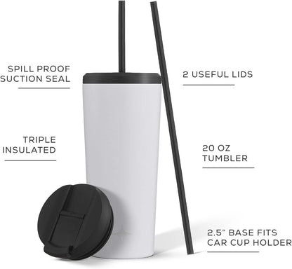 Triple Insulated 20oz Tumbler with Lid and Straw (2 Each) Vacuum Double Wall Stainless Steel Tumbler, Copper Lined for 12Hr Hold/Cold Drinks. Leakproof Water Bottle, Tea or Iced Coffee Cup